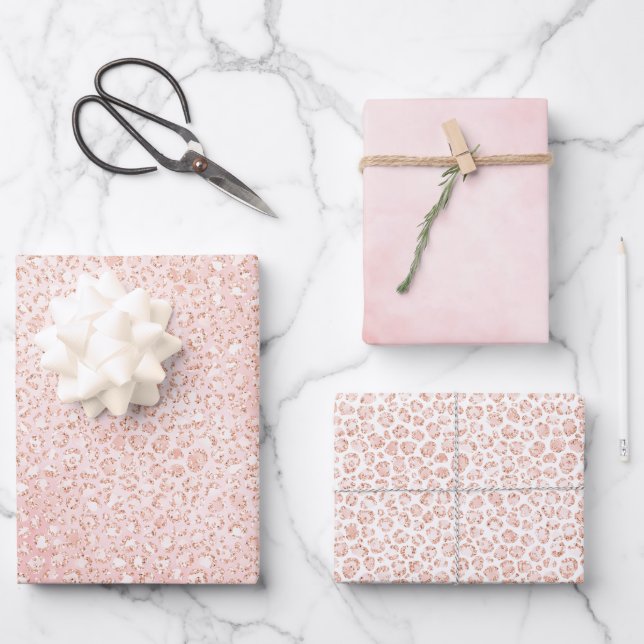 Rosa Glitzer Weißer Leoparden      Geschenkpapier Set (Vorderseite)