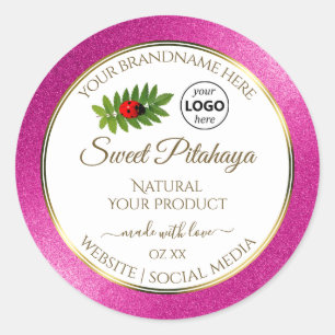 Rosa Glitzer Weißes Produktetikett Goldrahmen-Logo Runder Aufkleber