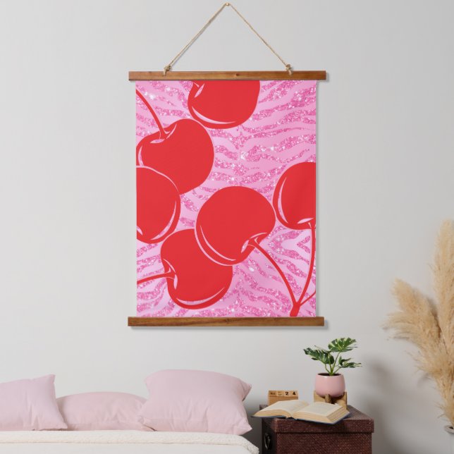 Rosa Glitzer Zebra Cherries Wandteppich Mit Holzrahmen (Schlafzimmer)
