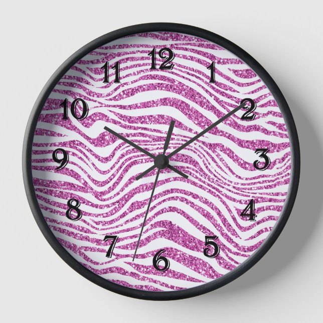 Rosa Glitzer Zebra Print Uhr (Vorderseite)