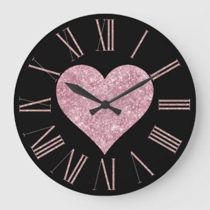Rosa Glitzerherz auf Schwarz Große Wanduhr