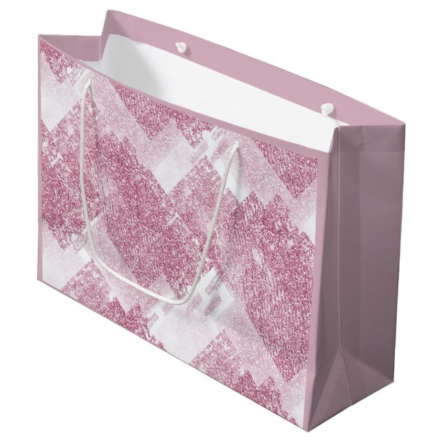 Rosa Glitzern auf Weiß. Große Geschenktüte (Vorderseite Schrägansicht)