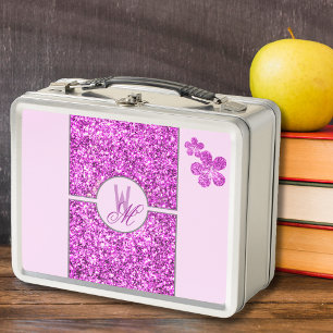 Rosa glitzernde Monogramm mit Blumen Metall Brotdose