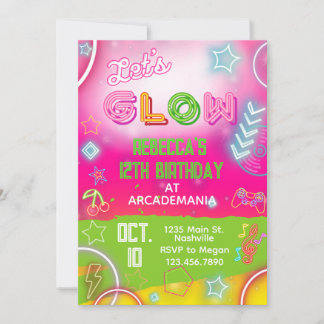 Rosa GLOW Geburtstag Gaming Arcade Party Glow Neon Einladung