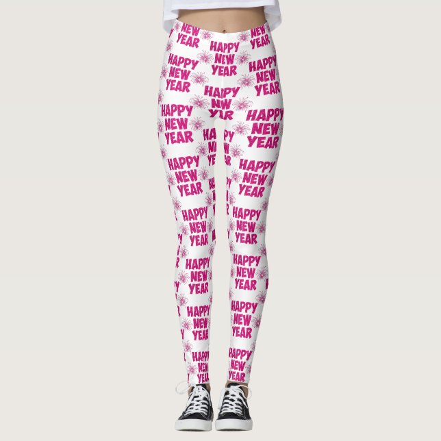 Rosa glückliches neues Jahr Feuerwerk Leggings (Vorderseite)