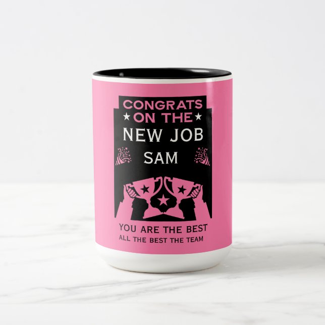 Rosa Glückwünsche zu der neuen Aufgabe Zweifarbige Tasse (Mittel)