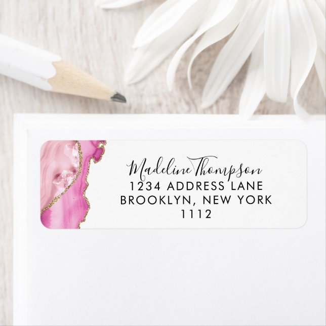 Rosa Gold Achat Geode Script Typografie Adresse (Insitu)