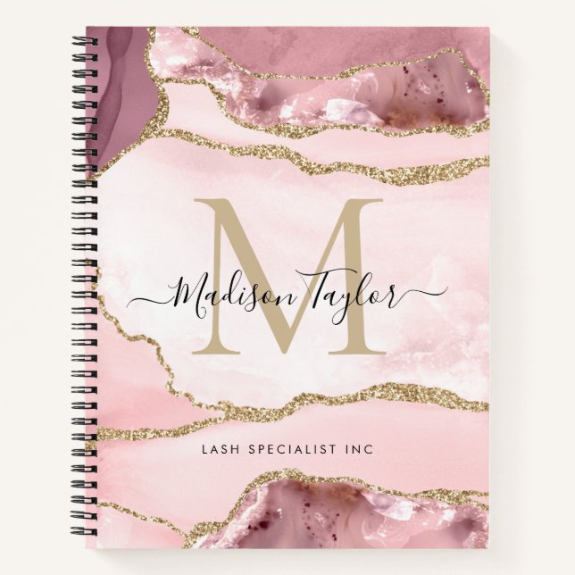 Rosa Gold Agate Geode Monogram Script Name Notizbuch (Vorderseite)