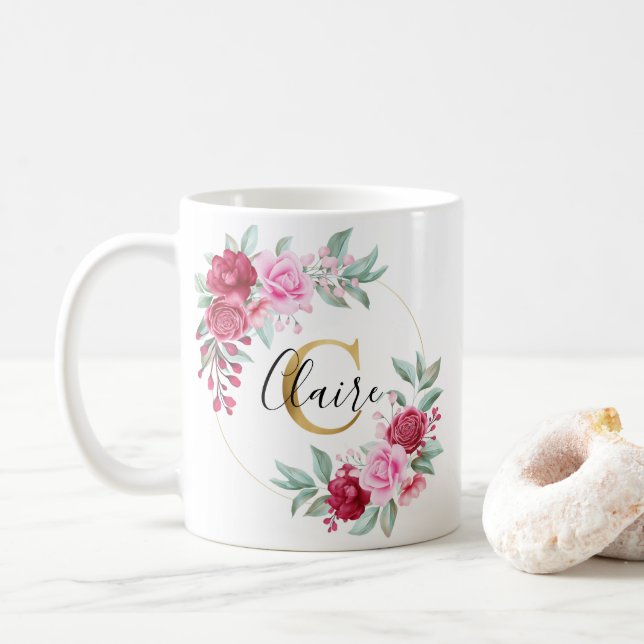 Rosa Gold Aquarellfarben, Floral Monogramm C Kaffeetasse (Mit Donut)