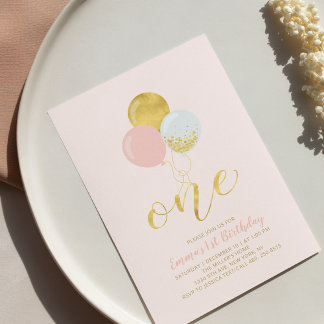 Rosa & Gold Balloons 1. Girl Birthday Party Einladung