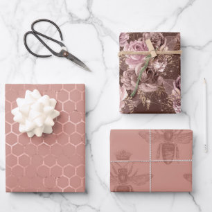 Rosa Gold Bienen und Blumen Geschenkpapier Set