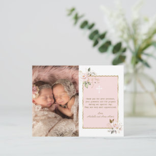 Rosa Gold Blume Foto Girls Twins Taufe Dankeskarte