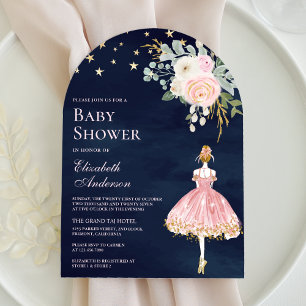 Rosa Gold Blumen Ballerina Bogen Navy Baby Shower Einladung