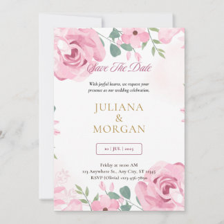 Rosa & Gold Blumen Hochzeitseinladungsvorlage | E Einladung