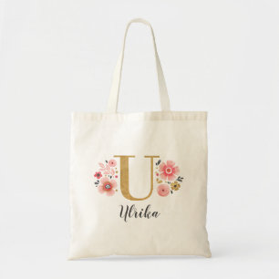 Rosa Gold Blumen Monogramm Buchstabe "U" Tragetasche