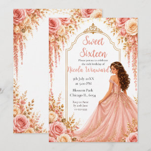 Rosa Gold Blumen Sweet Sixteen Party Einladung