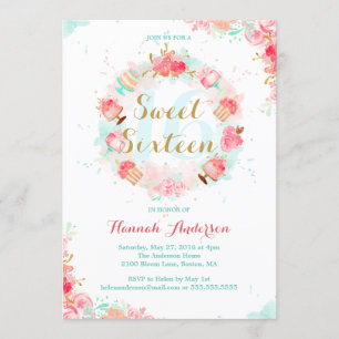 Rosa Gold Blumen-Torten-Kranz Sweet Sixteen Einlad Einladung