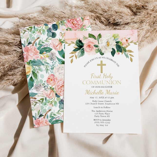 Rosa Gold Blumenkreuz Erstes Kommunion Girl Einladung (Von Creator hochgeladen)