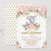 Rosa & Gold Blütendusche Elefant Baby Einladung
