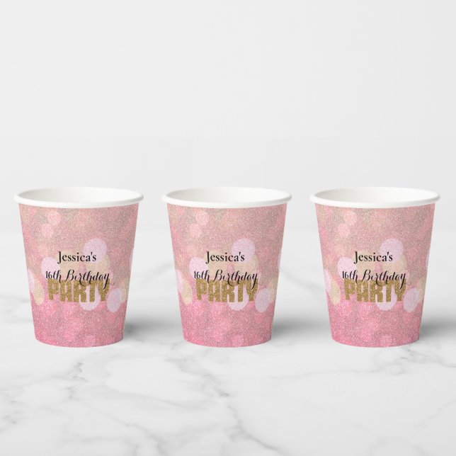 Rosa Gold Bokeh Glitter Geburtstag Pappbecher (Multi)