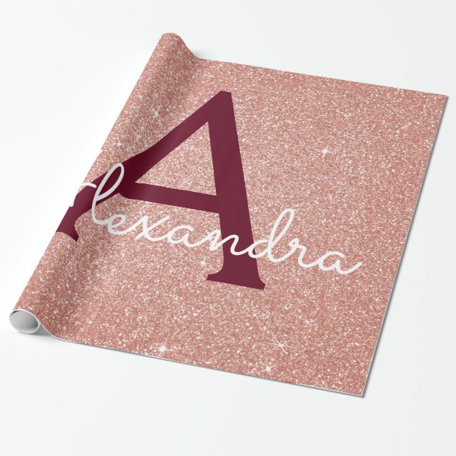 Rosa-Gold-Burgund-Glitzer-Sparkon-Monogramm Geschenkpapier (Ungerollt)