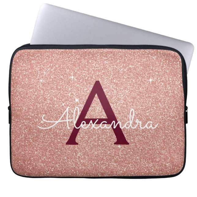 Rosa-Gold-Burgund-Glitzer-Sparkon-Monogramm Laptopschutzhülle (Vorderseite)