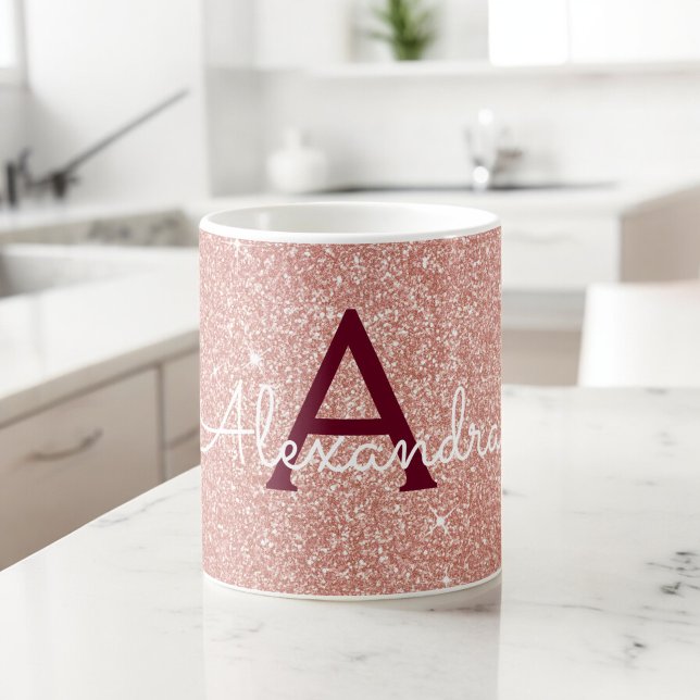 Rosa-Gold-Burgund-Sparkle-Glitzer Monogram Kaffeetasse (Von Creator hochgeladen)