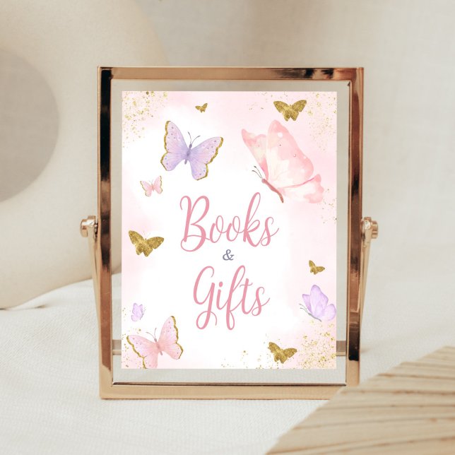 Rosa Gold Butterfly Frühjahrsbücher und Geschenke Poster (Purple Gold Butterfly Baby Shower Books and Gifts Sign)