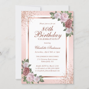 Rosa Gold Confetti Rose 80. Geburtstag Einladung