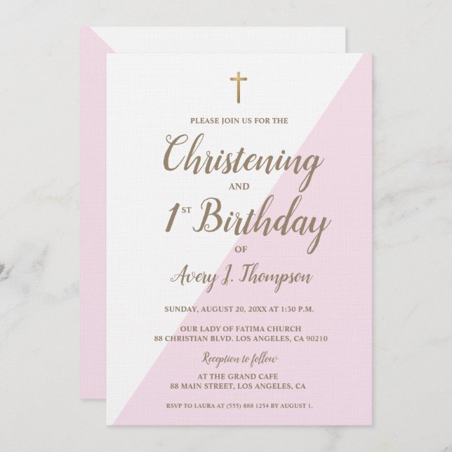 Rosa Gold Cross Christening 1. Geburtstag kombinie Einladung (Vorne/Hinten)