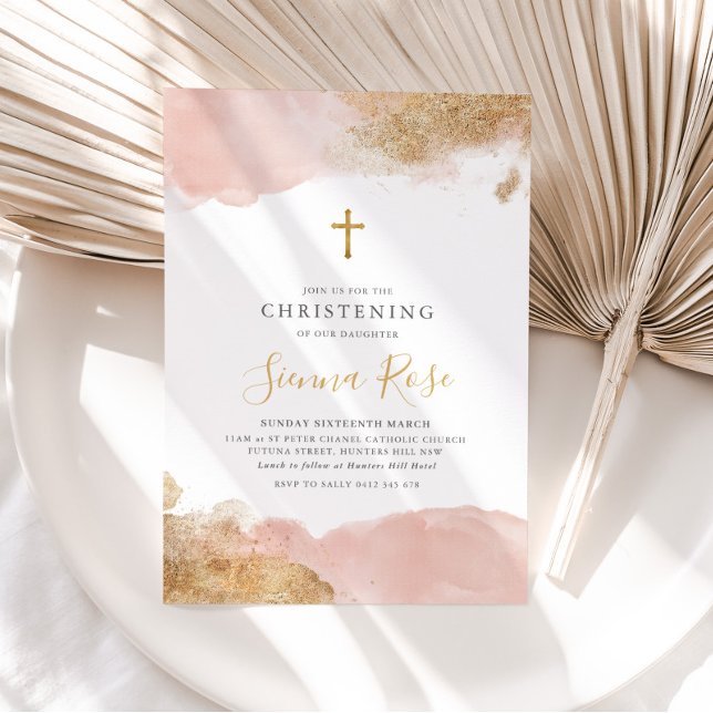 Rosa Gold Cross Girls Taufe Christening Einladung (Von Creator hochgeladen)