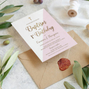 Rosa Gold Cross Taufe 1. Geburtstag Einladung