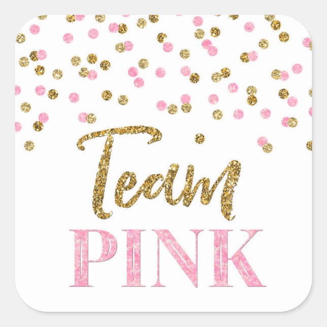 Rosa Gold Dots Gender Reveal Baby Shower Team Pink Quadratischer Aufkleber (Vorderseite)