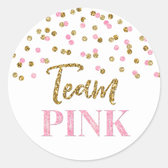 Rosa Gold Dots Gender Reveal Baby Shower Team Pink Runder Aufkleber (Vorderseite)