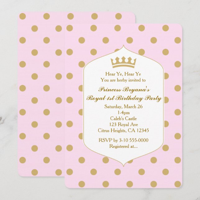Rosa & Gold Dots Royal Crown Princess Einladungen (Vorne/Hinten)