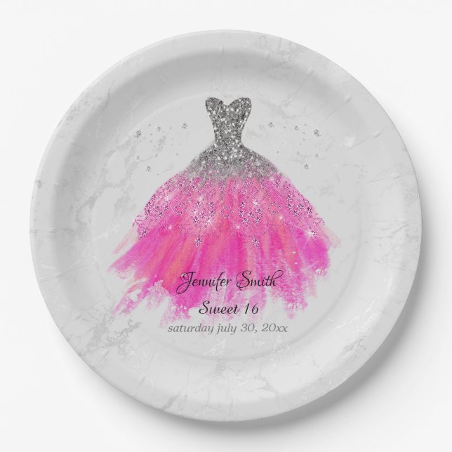 Rosa Gold Dress Glitzer 16 . Geburtstag Pappteller (Vorderseite)