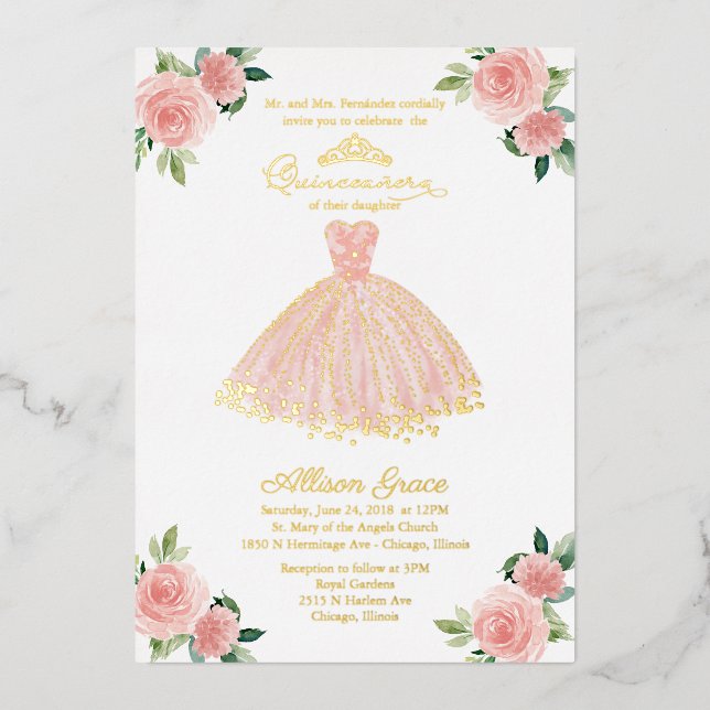 Rosa Gold Dress Quinceanera Folieneinladung (Vorderseite)