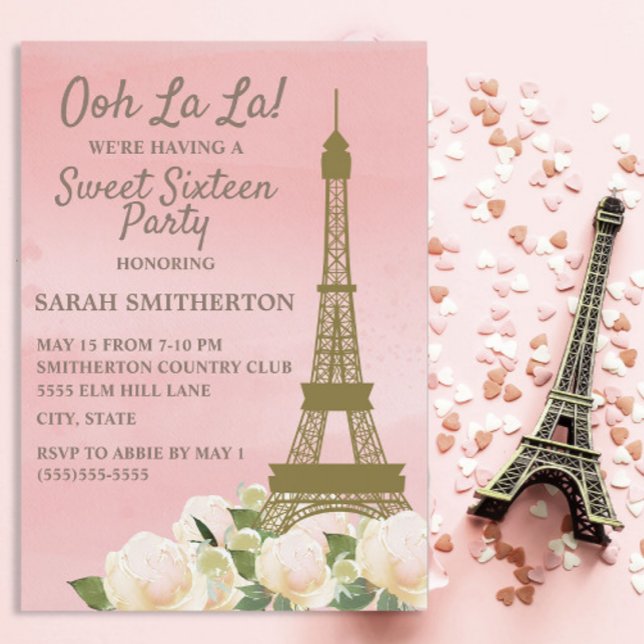 Rosa Gold Eiffelturm Weißer Blumenstrauß 16 Einladung (Ooh la la Parisian Sweet 16 birthday party invitation)