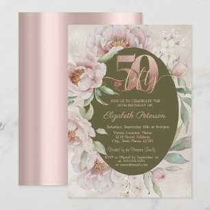 Rosa Gold Elegante Blumen 50. Geburtstag Einladung