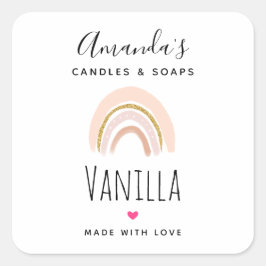Rosa & Gold Elegante Boho Rainbow Candle Business Quadratischer Aufkleber