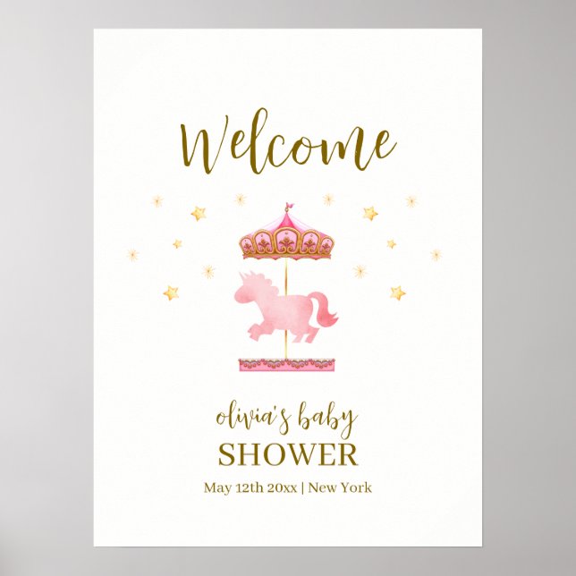 Rosa Gold Elegante Carousel Baby Dusche Willkommen Poster (Vorne)
