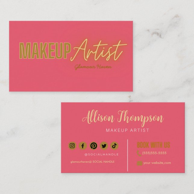 Rosa Gold Elegante Makeup Artist Business Cards Visitenkarte (Vorne/Hinten)