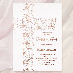 Rosa Gold Engel Muster Kreuz Firmung Folieneinladung