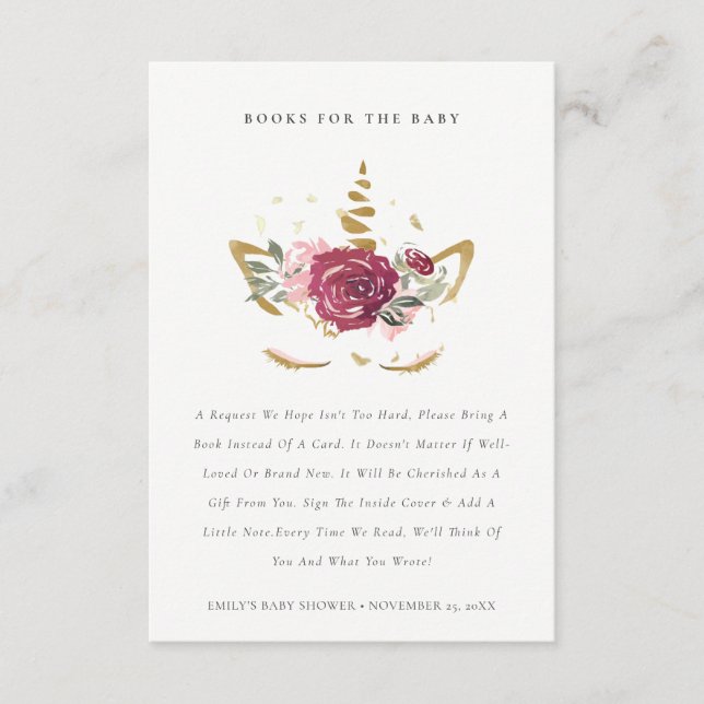 Rosa Gold Floral Einhornbücher für Babydusche Begleitkarte (Vorderseite)