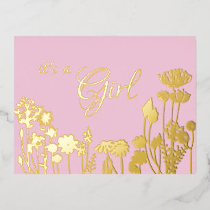 Rosa Gold Floral es ist eine Girl Birth Ankündig Folie Einladungspostkarte