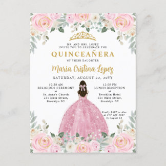 Rosa Gold Floral Princess Quinceañera Postkarte