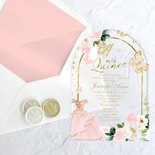 Rosa Gold Floral Schmetterling Quinceañera  Acryleinladungen