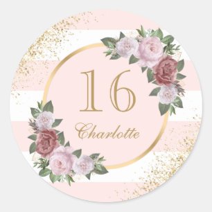 Rosa Gold Floral Sweet 16 Geburtstag Runder Aufkleber