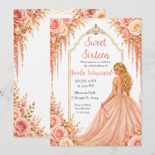 Rosa Gold Floral Sweet Sixteen Party Einladung