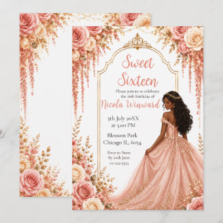 Rosa Gold Floral Sweet Sixteen Party Einladung